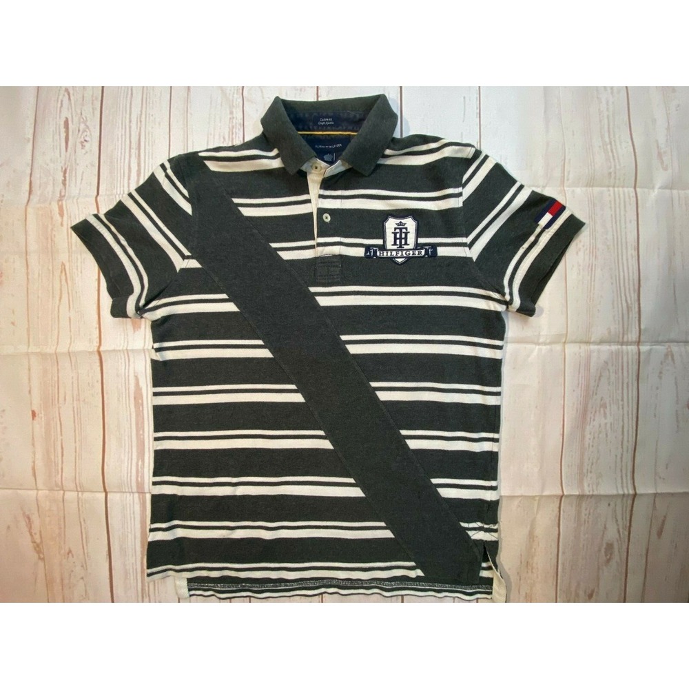 Tommy Hilfiger Gray SS Logo Polo Shirt Mens Medium Grey striped